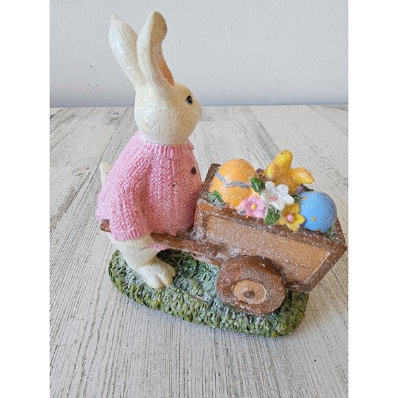 Transpac glitter bunny rabbit Easter figurine statue decor cart chick bird eggs - Picture 4 of 8